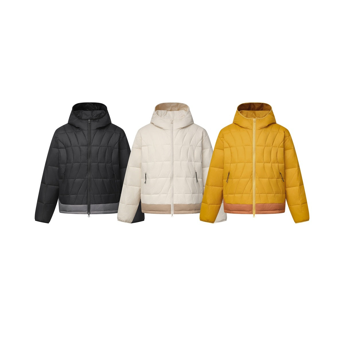 Three hooded quilted jackets shown from the front in black, ivory with a taupe hem, and mustard with a rust hem.