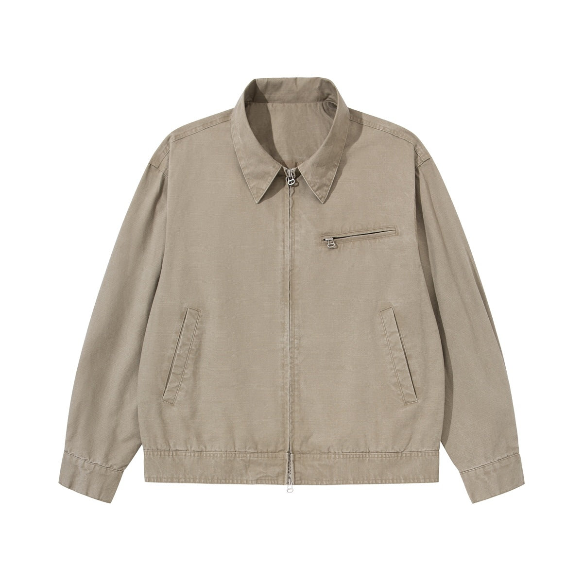 Khaki zip-up collared jacket flat lay with chest zip pocket and slanted front pockets