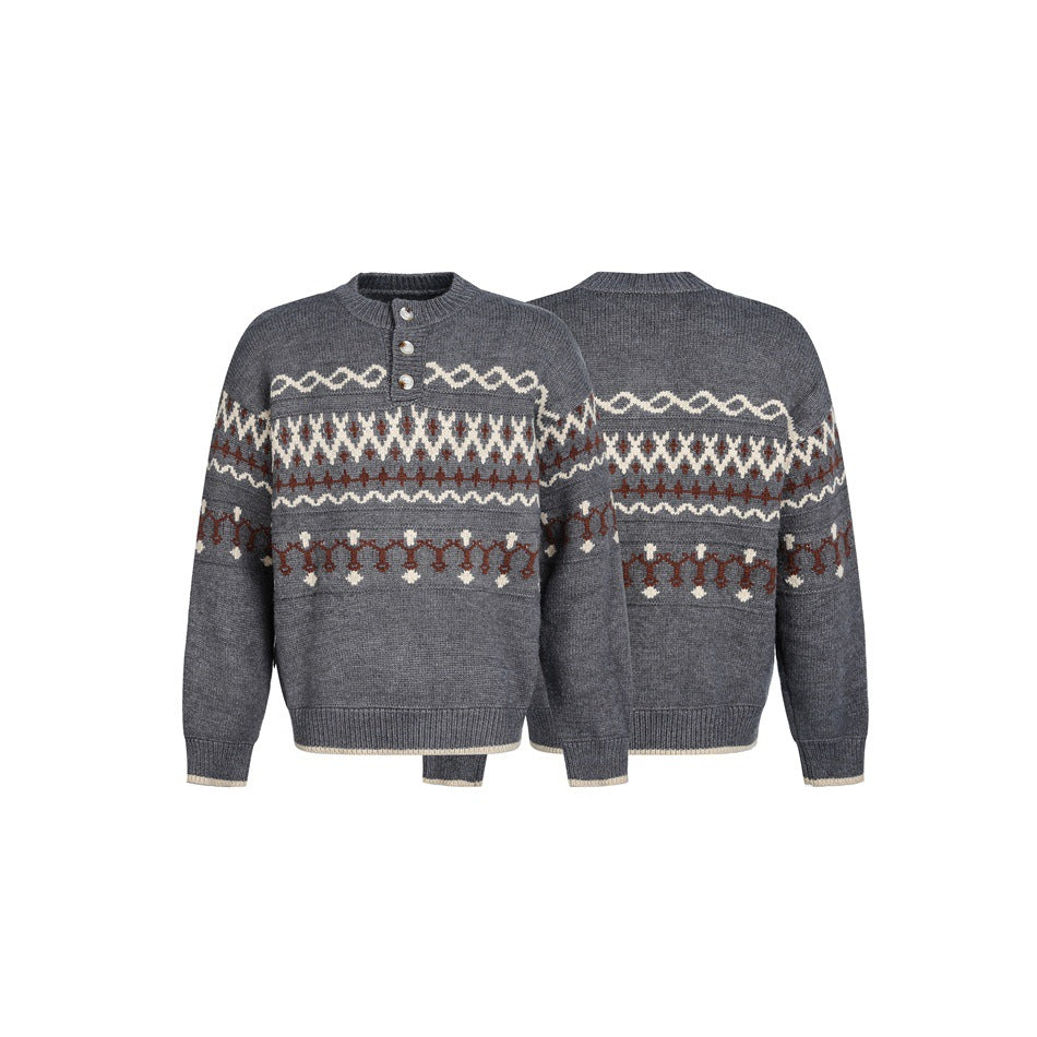 Charcoal patterned knit sweater shown from the front and back, with a short button placket and cream and rust geometric