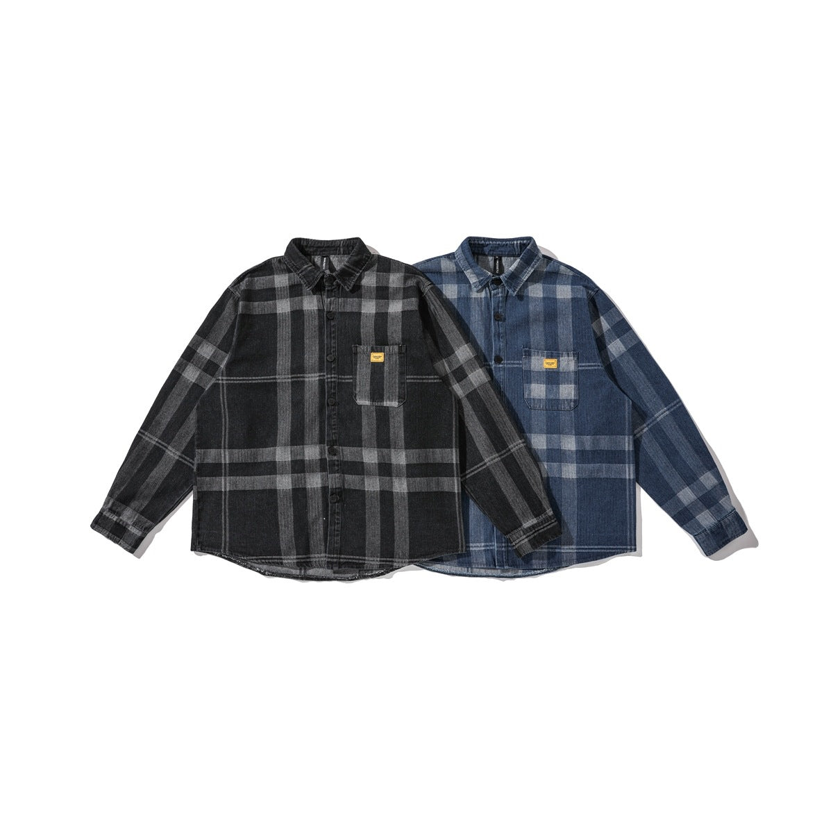 Black-and-gray and blue plaid long-sleeve button-up shirts shown from the front with chest pockets.
