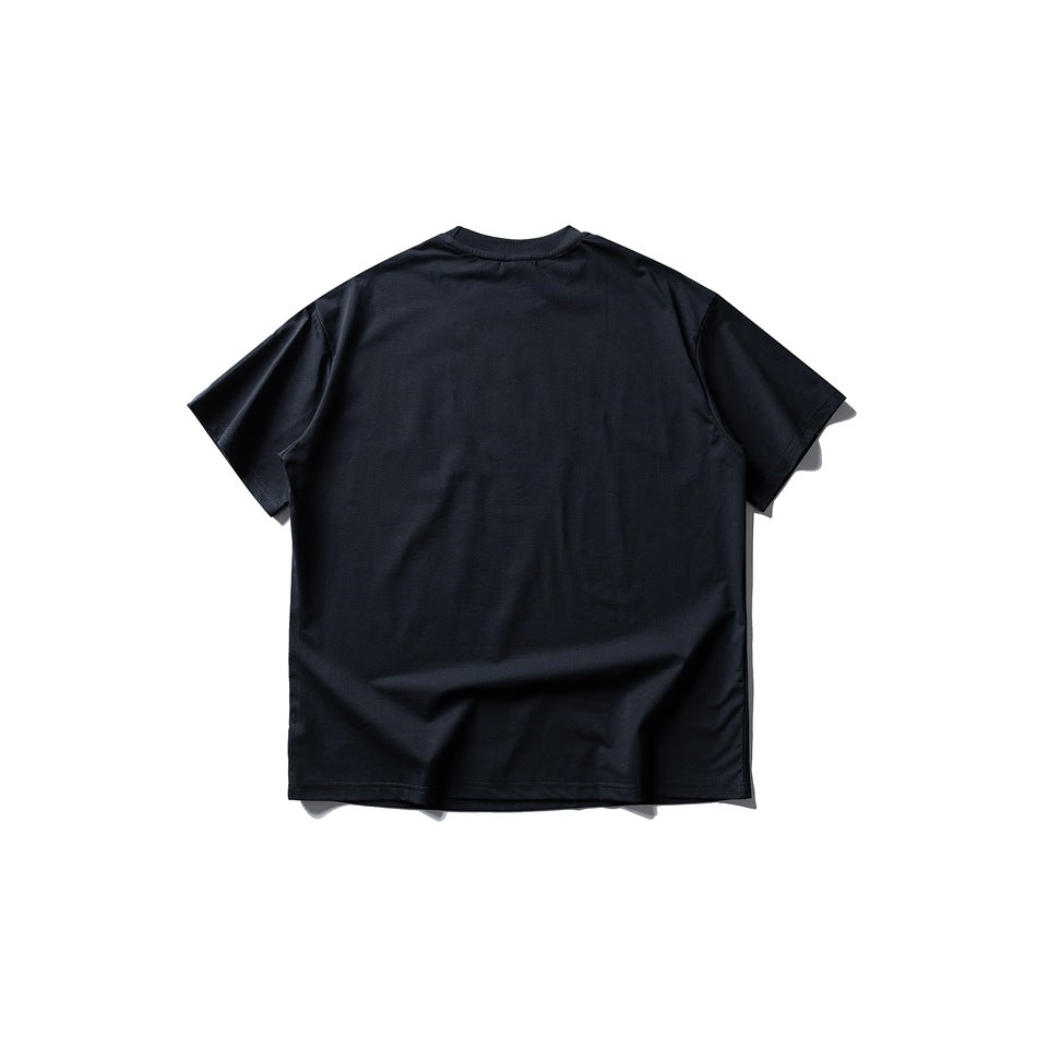 Plain dark navy short-sleeve crew-neck T-shirt shown from the back, laid flat on a white background.