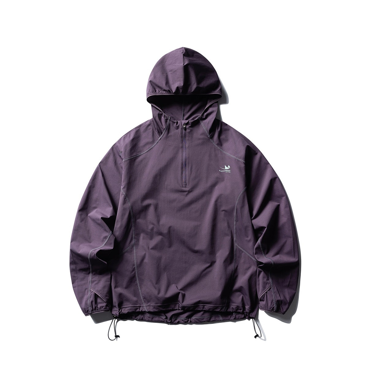 Deep purple hooded half-zip jacket, flat front view, with contrast stitching and drawstring hem