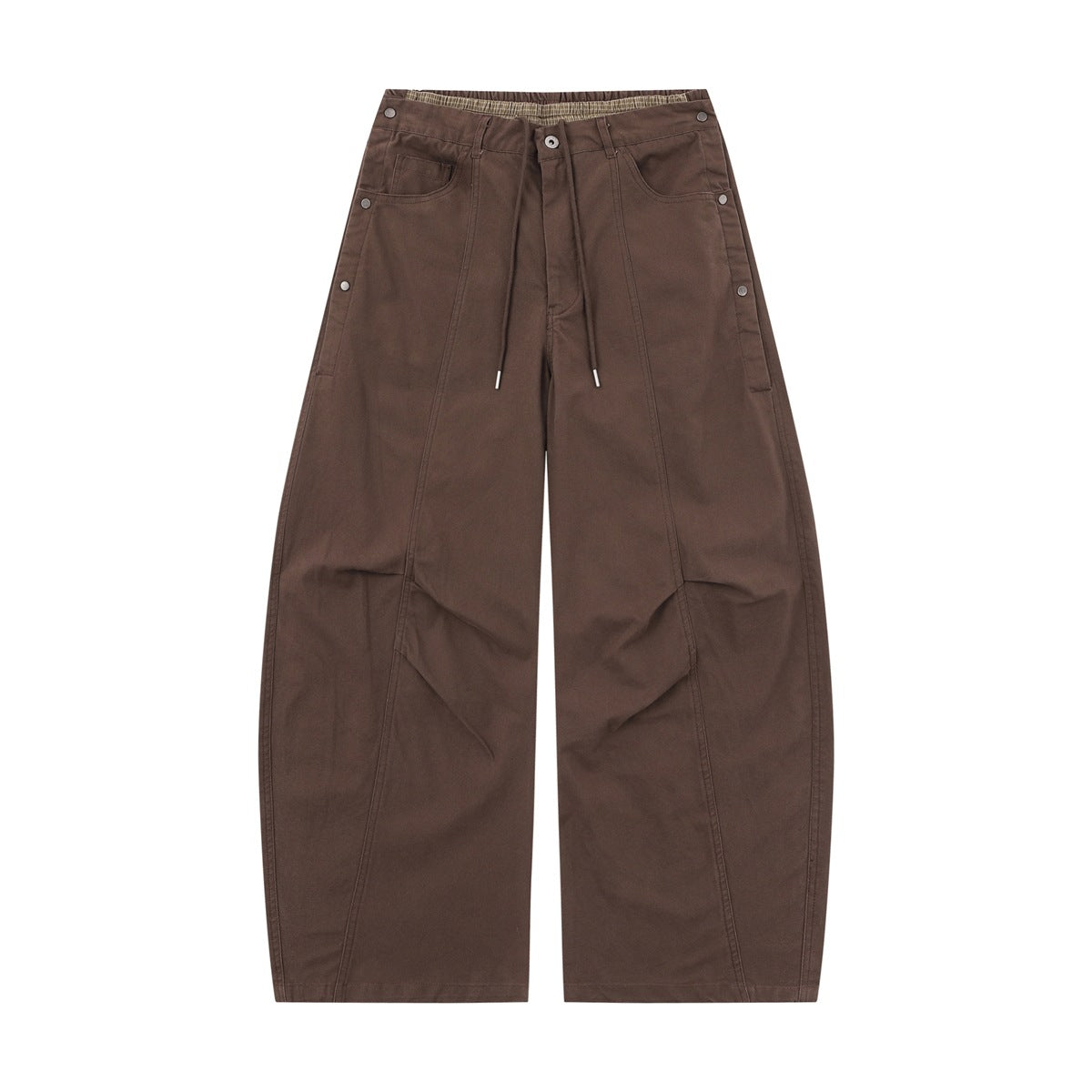 Brown wide-leg drawstring pants flat lay with side snap studs and knee pleats