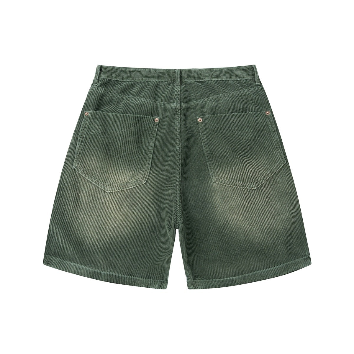 Back view of dark green corduroy shorts with two large patch pockets and turned-up hems.
