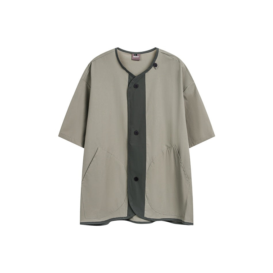 Khaki brown short-sleeve collarless button-front shirt with dark green-gray placket and large curved front pockets