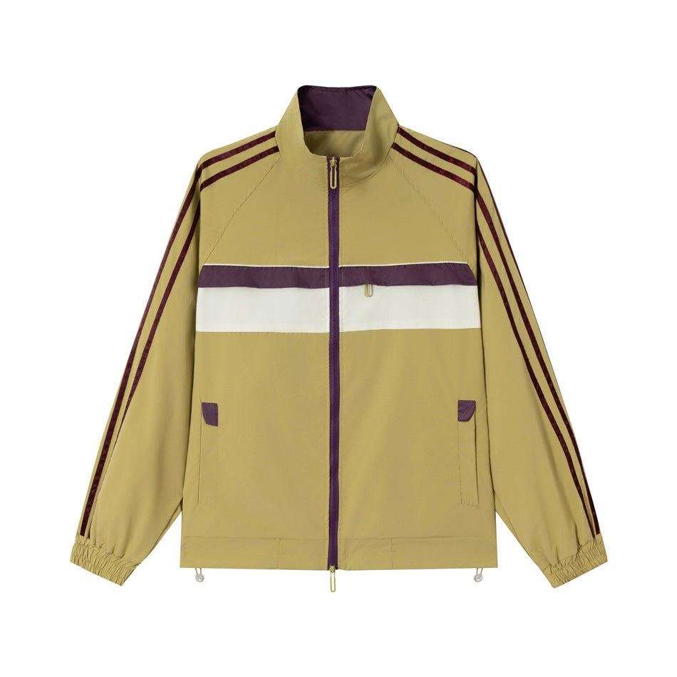 Olive green zip-up track jacket with plum sleeve stripes, cream and plum chest band, stand collar and elastic cuffs