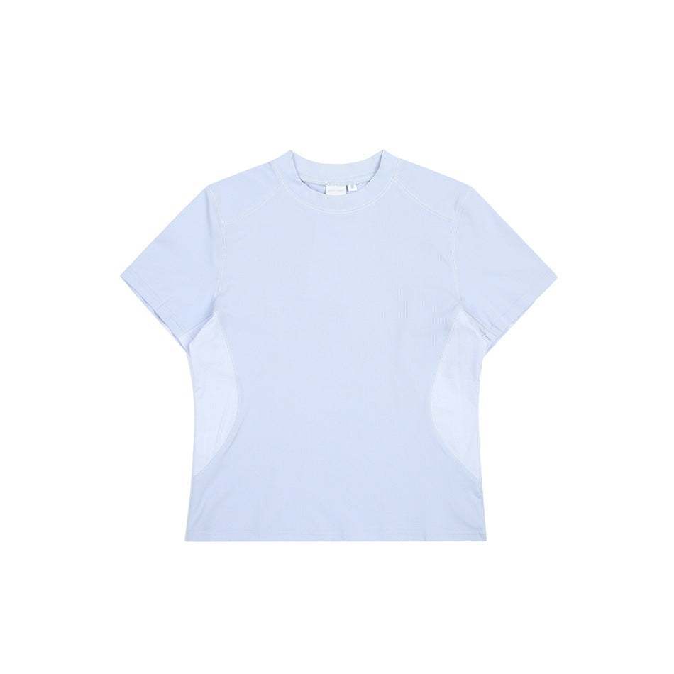 Front view of a pale blue short-sleeve crew-neck shirt with lighter curved side panels.