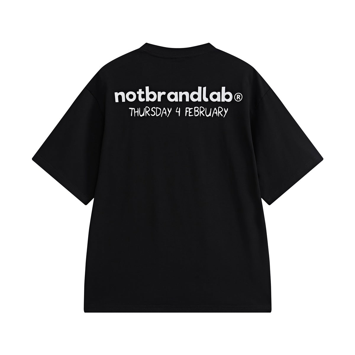 Back view of a black short-sleeve T-shirt with white lettering across the upper back.