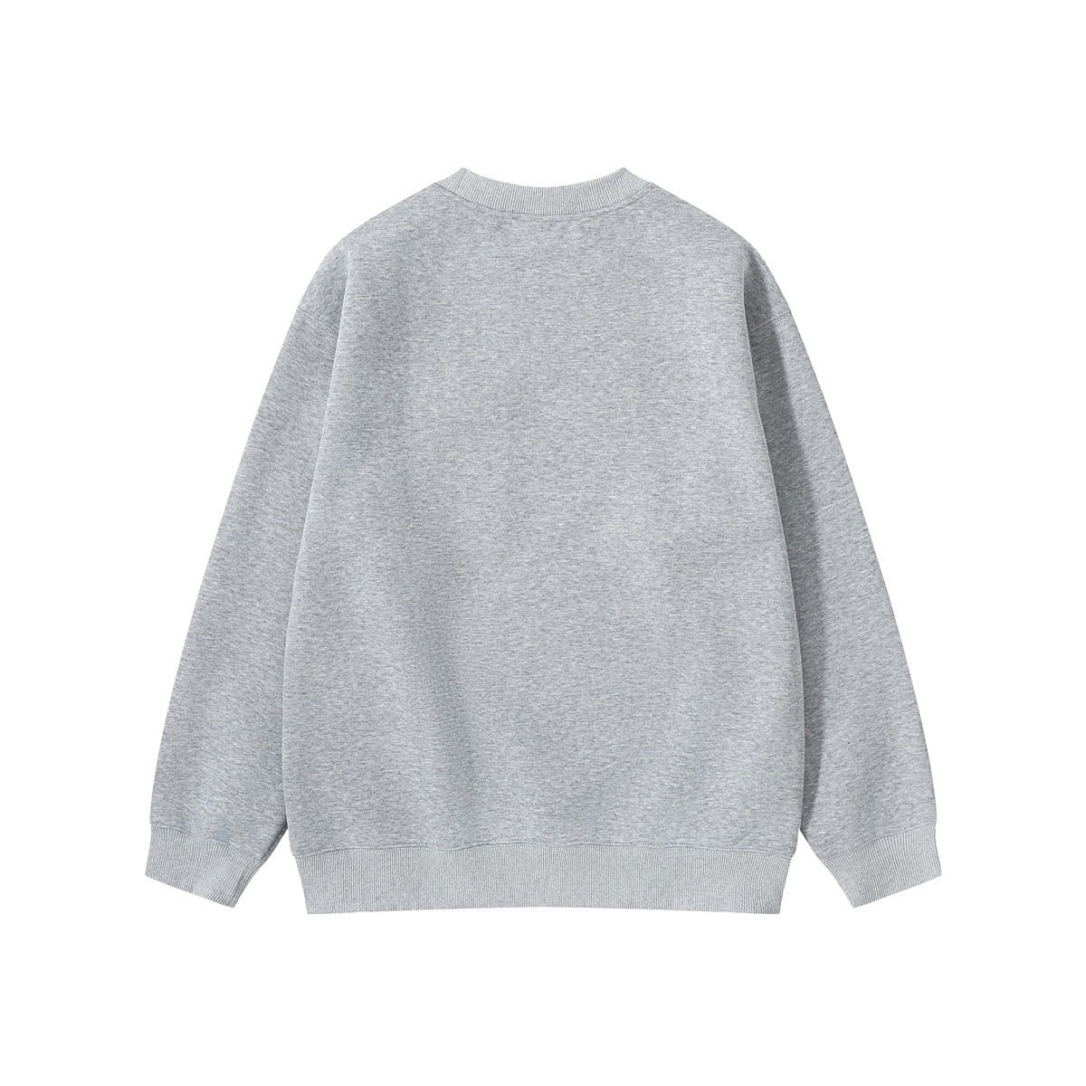 Full rear view of a plain heather gray crewneck sweatshirt with long sleeves and ribbed cuffs and hem.