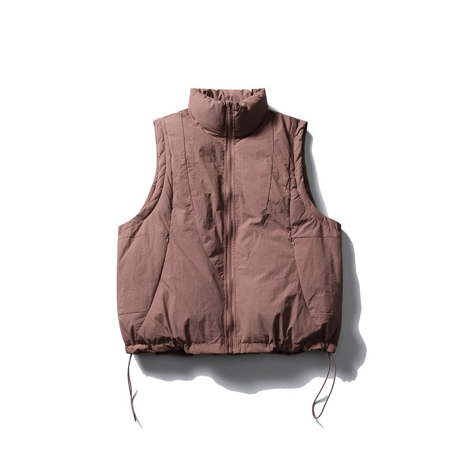 Dusty rose sleeveless stand-collar zip vest with paneled seams and drawstring hem, flat front view