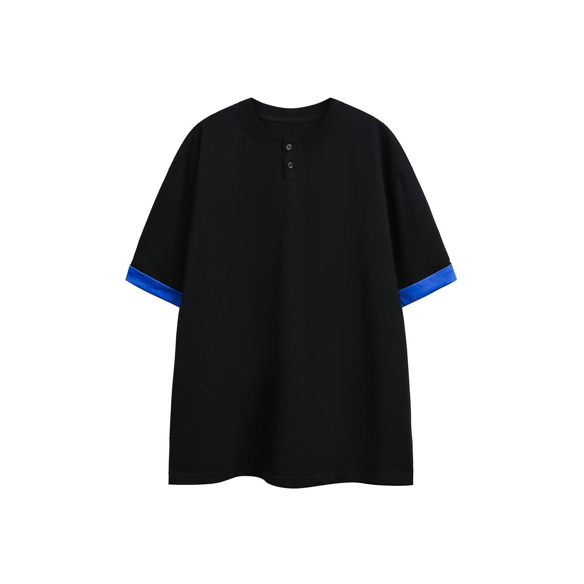 Black short-sleeve T-shirt with two-button neckline and blue turned-up sleeve cuffs, flat front view