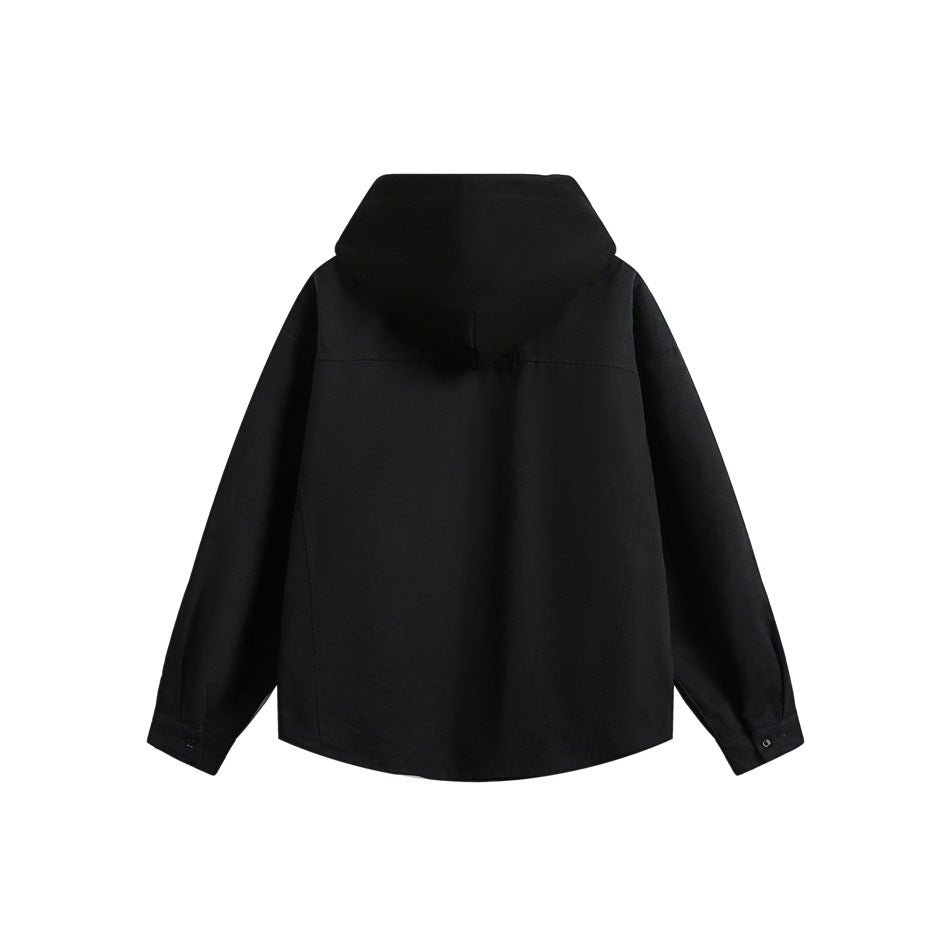 Back view of a solid black hooded jacket with a plain black hood.