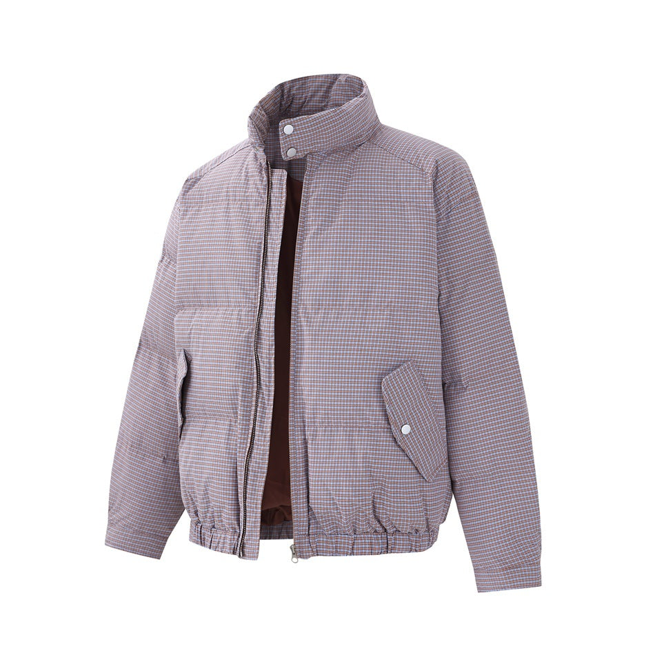 Front view of a taupe checked jacket with a stand collar, zip front, snap details and angled pockets.