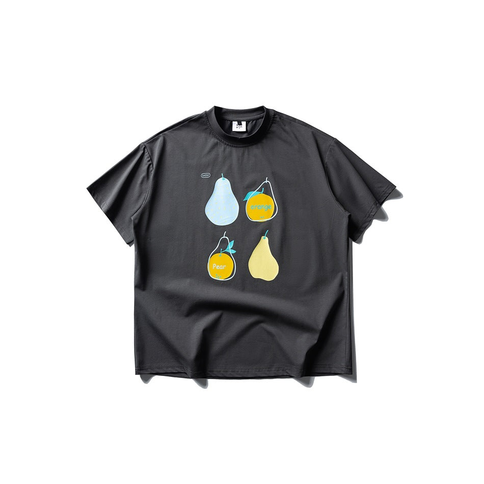 Dark gray short-sleeve crew-neck T-shirt with pastel pear and orange graphic on the chest, flat lay