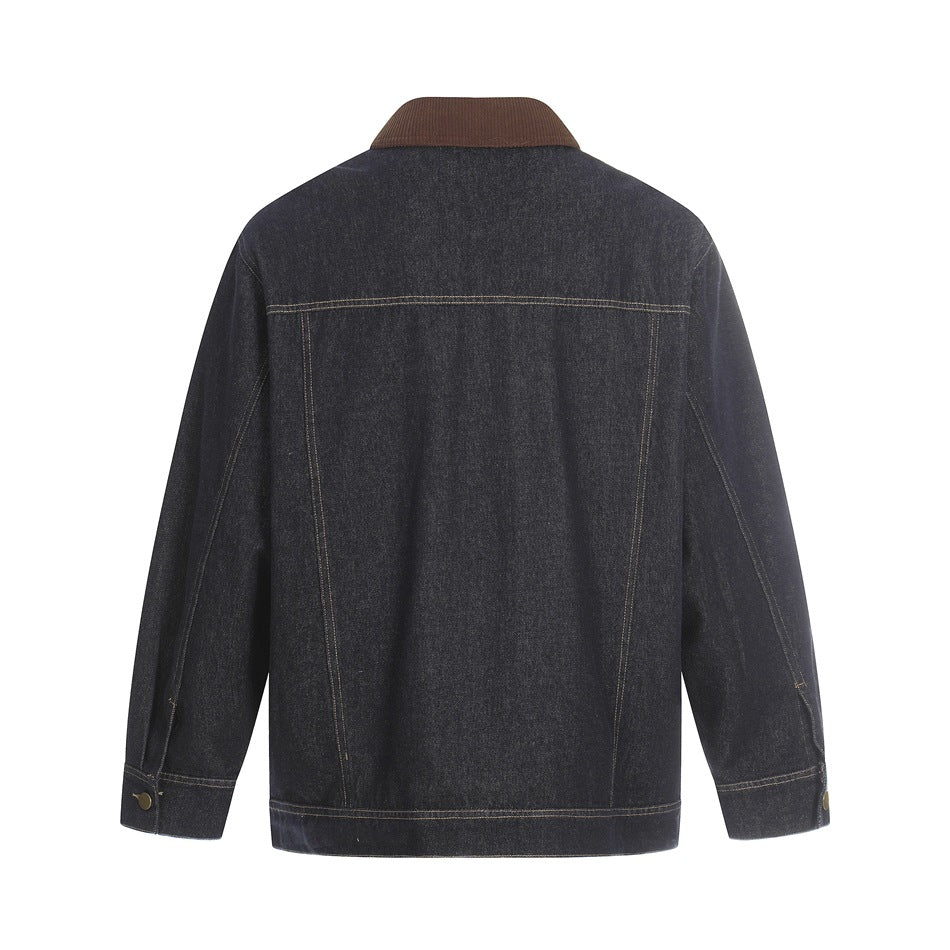 Back view of a dark indigo denim jacket with a brown collar, contrast stitching and buttoned cuffs.