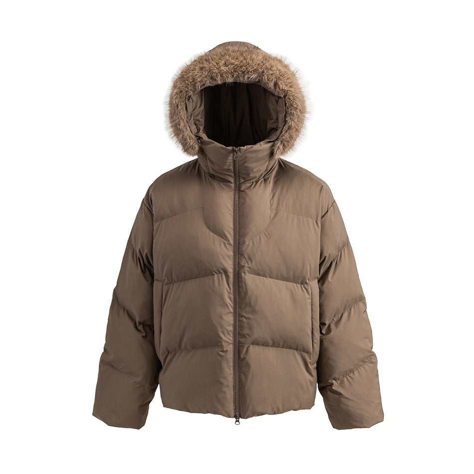 Brown hooded quilted puffer jacket with front zip and fluffy fur-like hood trim, flat front view