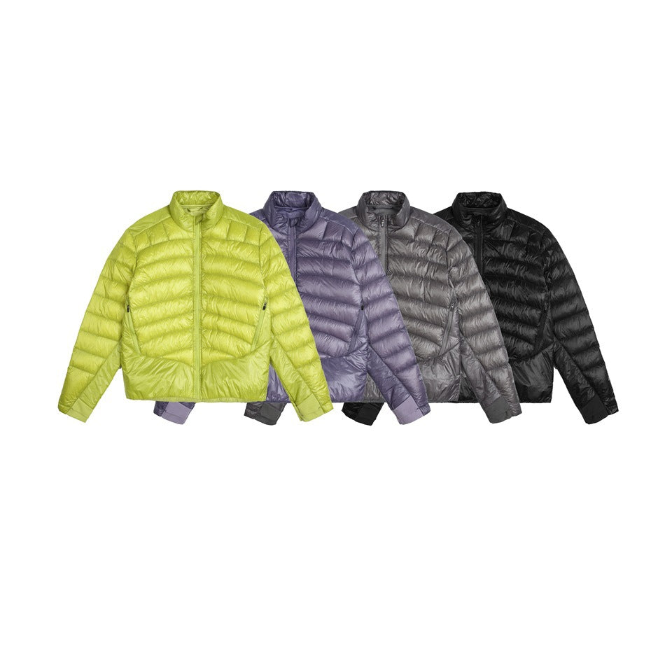 Four front views of a quilted jacket in lime green, lavender, gray, and black.