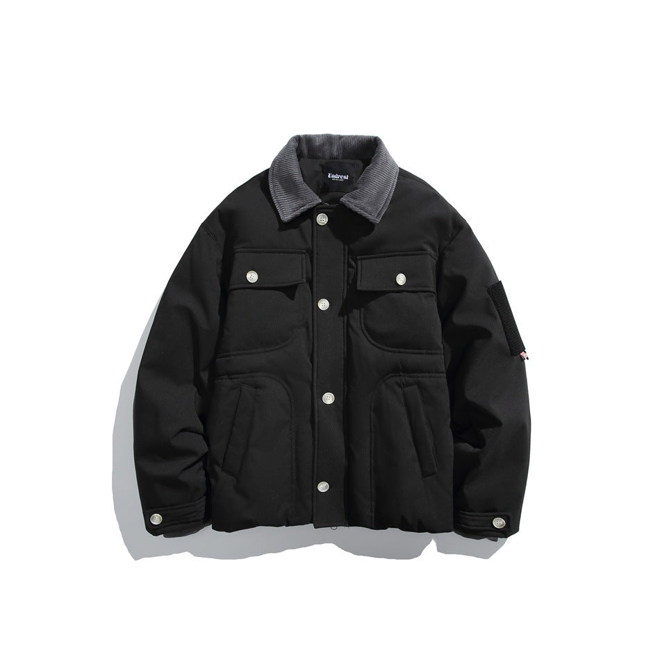 Front view of a black jacket with a gray ribbed collar, white buttons, flap chest pockets and lower hand pockets.
