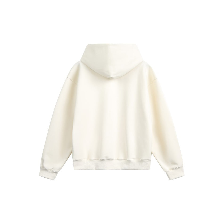 Back view of an off-white hooded sweatshirt with long sleeves and ribbed cuffs and hem.