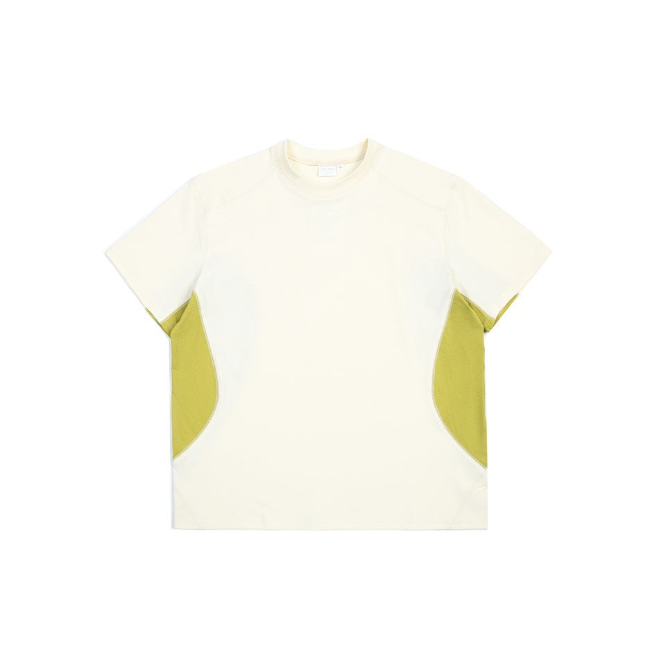 Off-white short-sleeve crew-neck T-shirt with olive-green curved side panels, flat front view