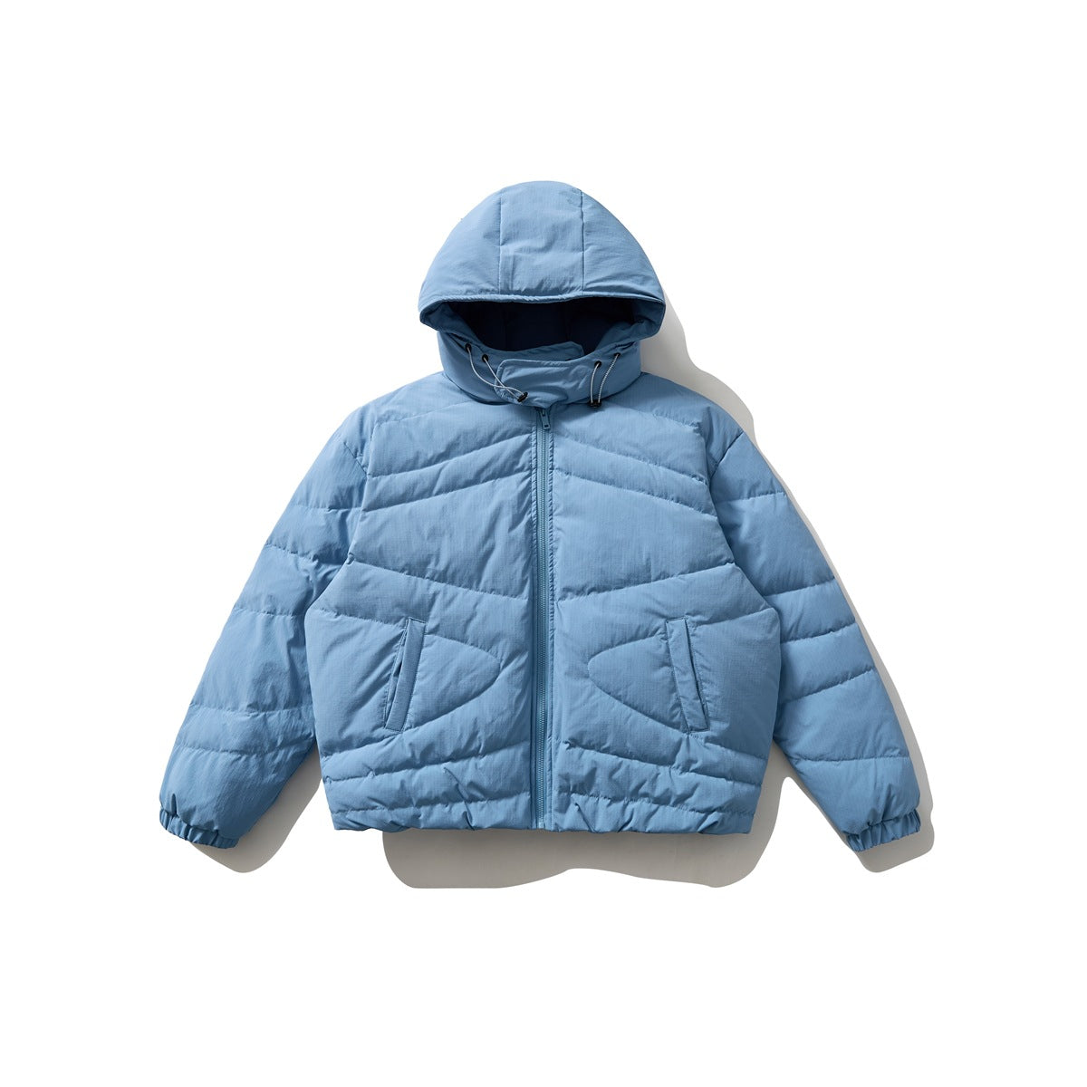 Blue hooded quilted puffer jacket, flat lay, front view with front zipper and slanted pockets