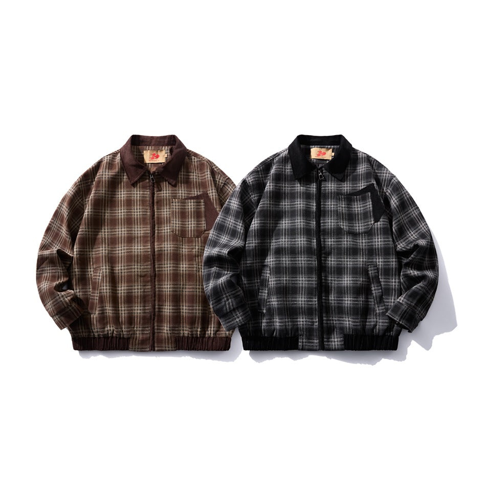 Two zip-front plaid jackets shown from the front: one brown and one black, both with collars and chest pockets.