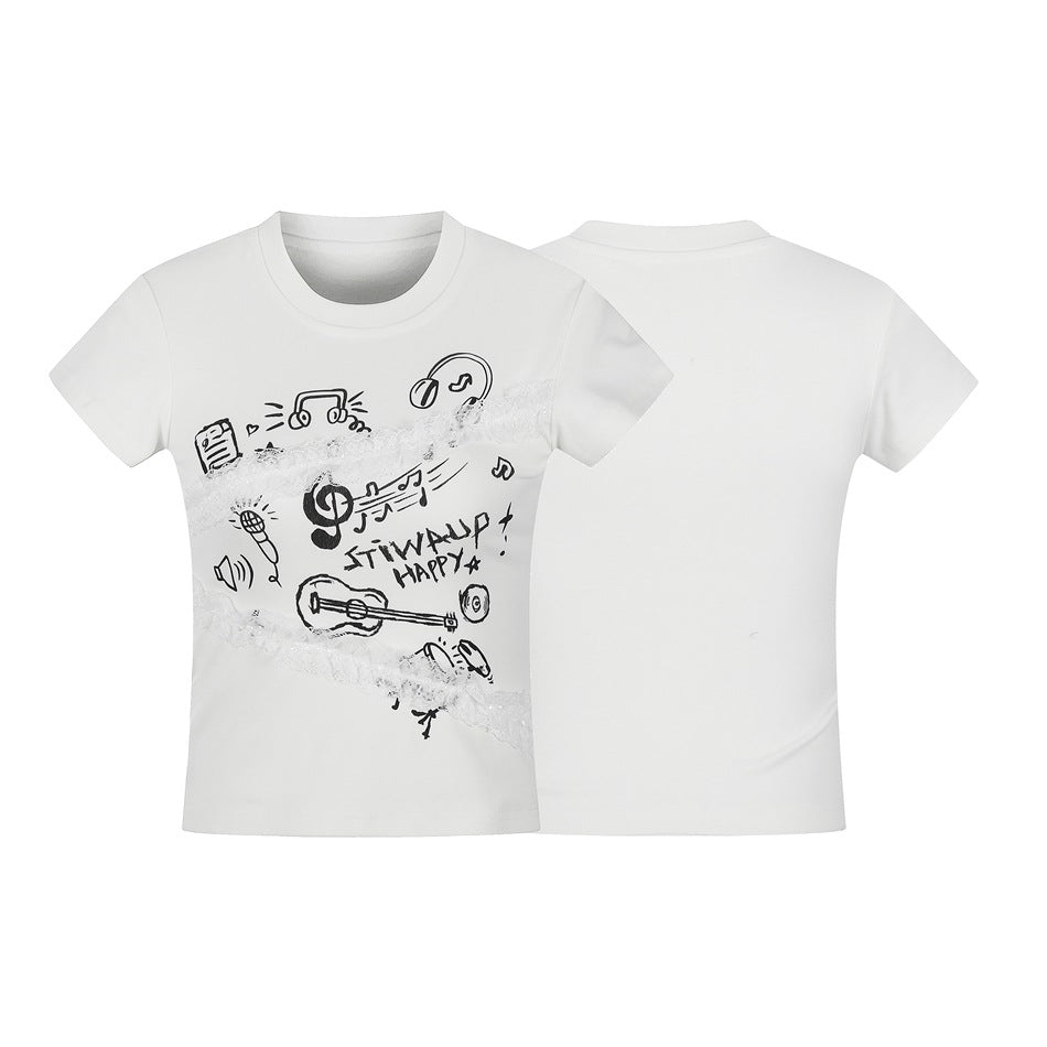 White short-sleeve tee shown front and back; the front has black music doodles and lace trim, while the back is plain.
