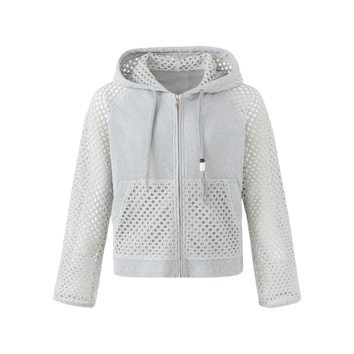 Light gray zip-front hooded jacket with open mesh sleeves, hood and pocket panels, flat lay front view