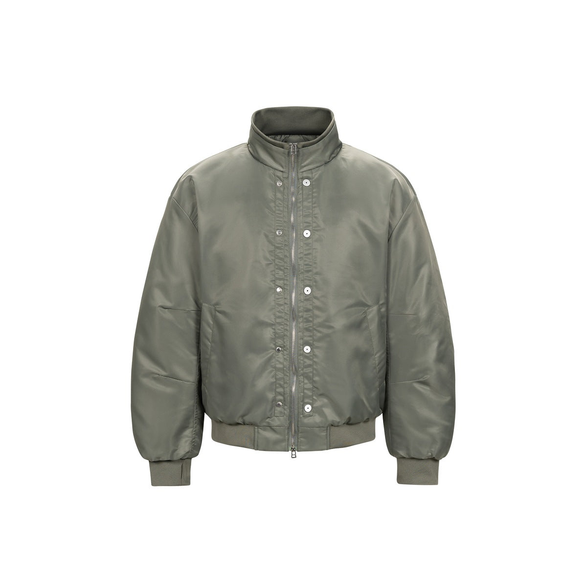 Olive green bomber-style jacket with stand collar, front zipper, snap placket and ribbed cuffs and hem, flat front view