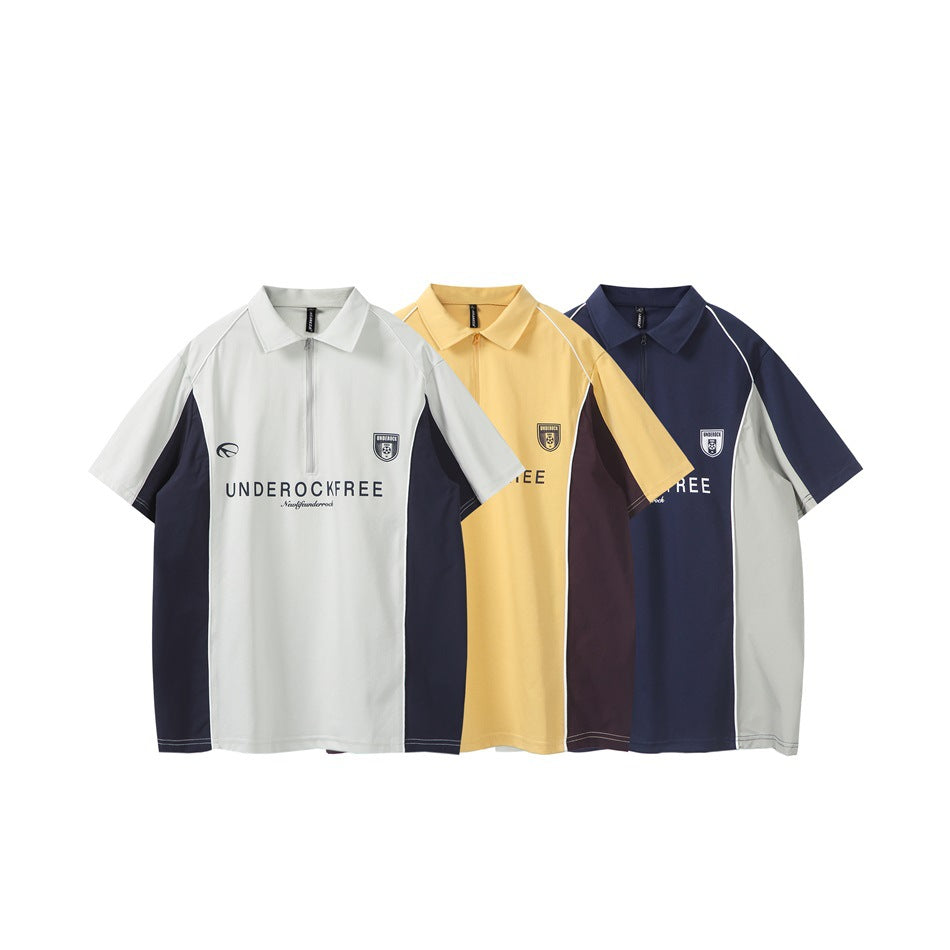 Three short-sleeve color-block polo shirts shown from the front in white, yellow, and navy.