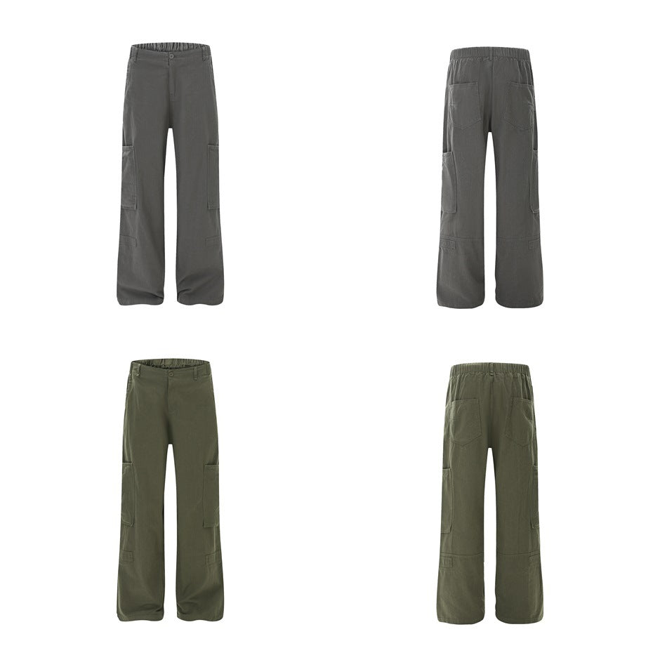 Front and back views of dark gray and army green cargo pants in a four-panel layout