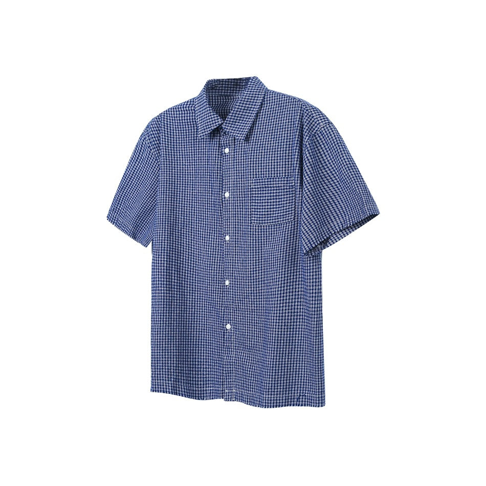Blue and white gingham short-sleeve button-up shirt with chest pocket and pointed collar, flat view on white background