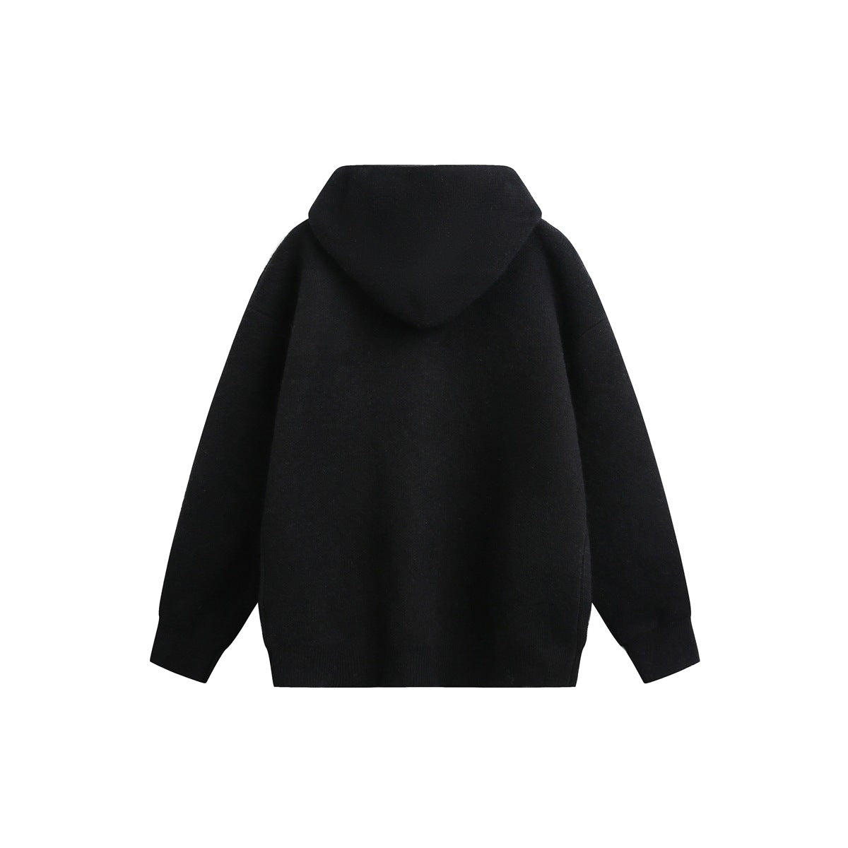 Back view of a black hooded knit sweater with long sleeves and ribbed cuffs and hem.