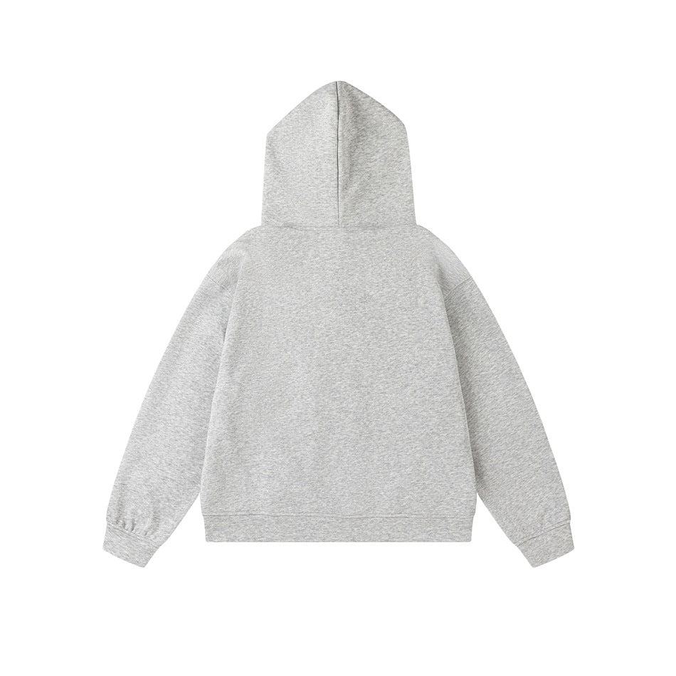 Back view of a light gray hooded sweatshirt shown flat against a white background.
