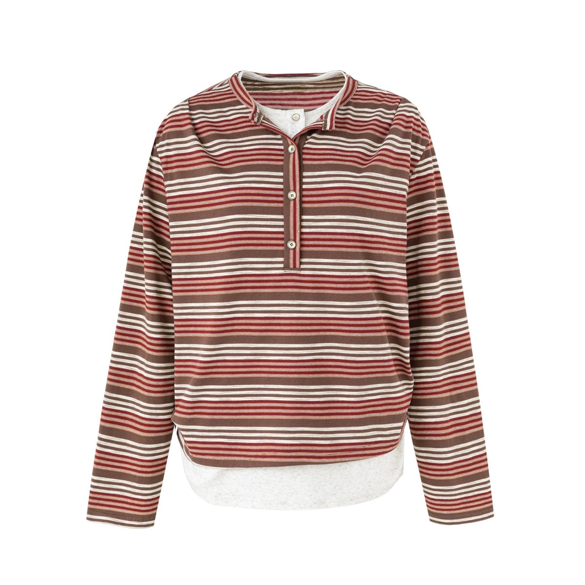 Front view of a long-sleeve top with brown, rust, and cream horizontal stripes, a button placket, and a contrasting gray
