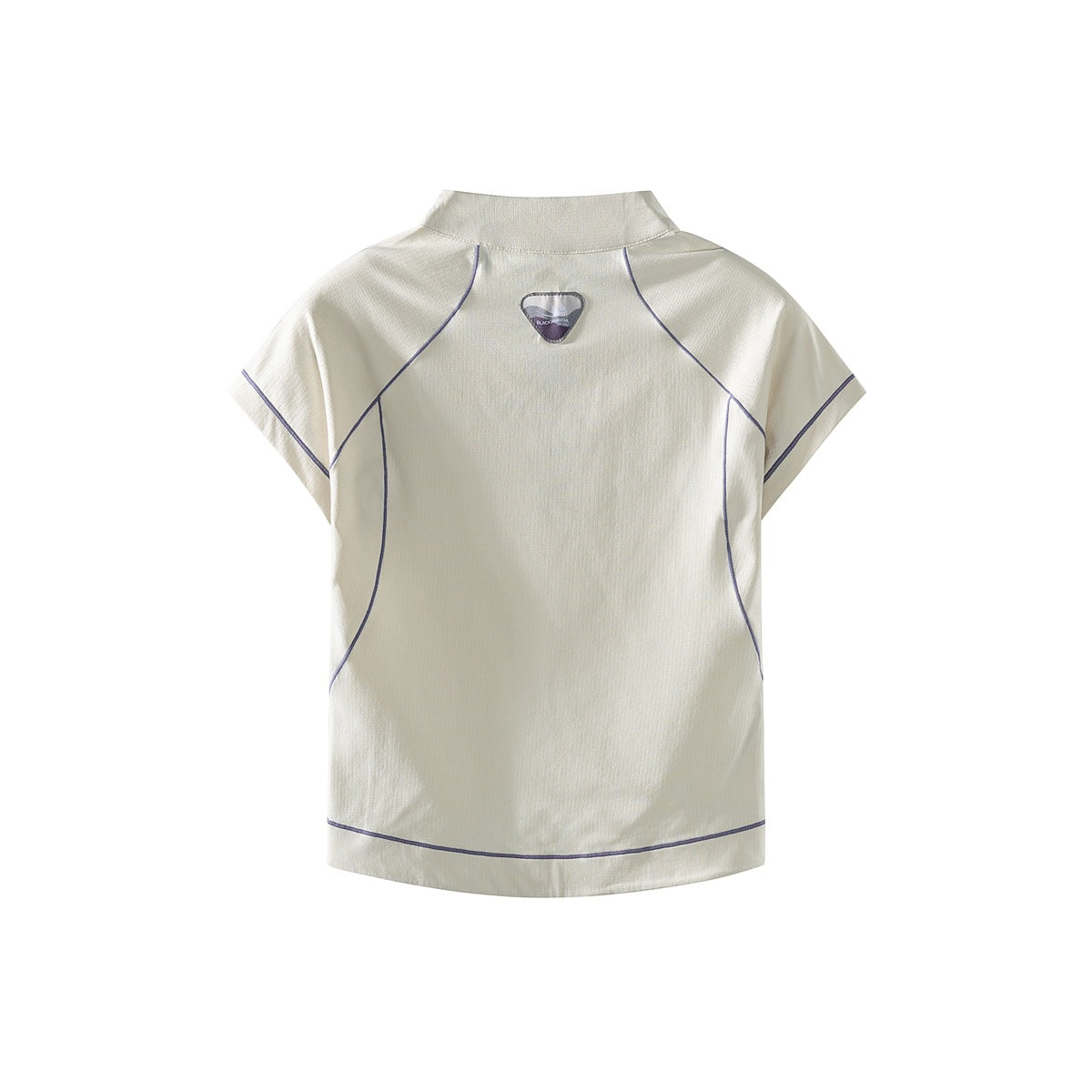 Back view of an off-white short-sleeve top with a stand collar, purple contrast piping, and a small upper-back patch.