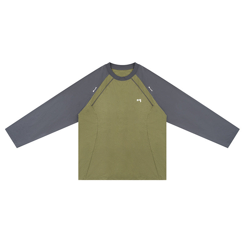 Jungle green long-sleeve raglan tee with gray sleeves and contrast seams, flat front view