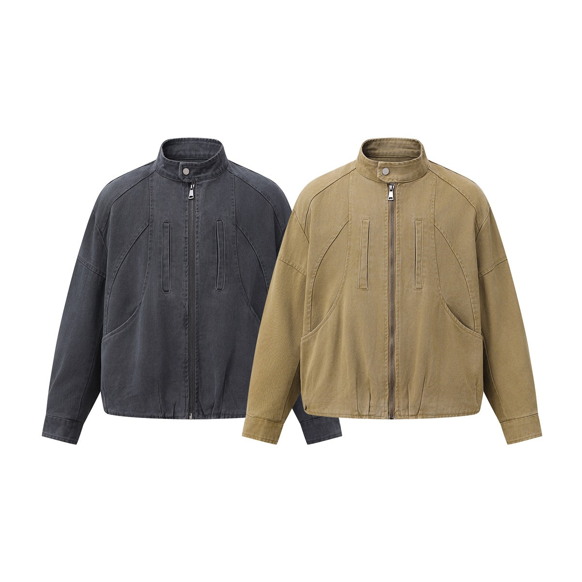 Two front views of a zip-front jacket with stand collars and curved seams, in charcoal gray and tan.
