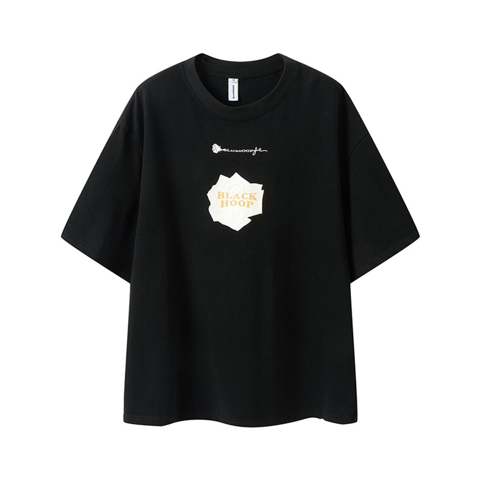 Black short-sleeve crew-neck t-shirt with cream rose graphic and BLACK HOOP lettering on the front