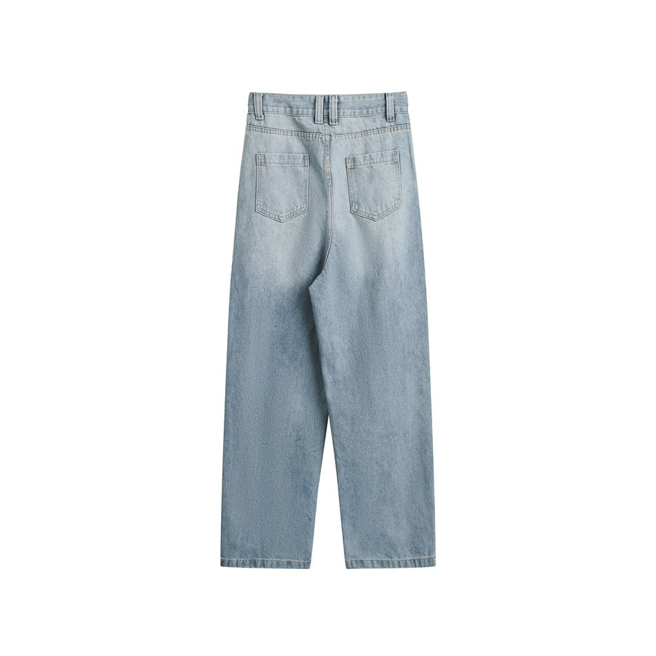 Rear view of pale blue wide-leg jeans with two back pockets and belt loops, shown flat against a white background.