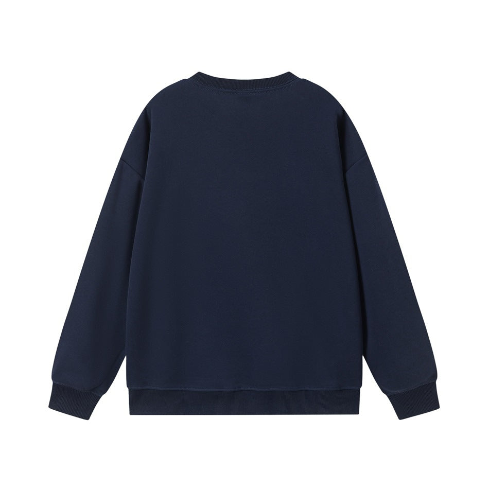 Back view of plain navy blue crew-neck sweatshirt with ribbed collar, cuffs and hem
