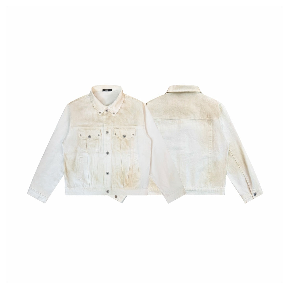 Ivory button-front jacket shown flat from the front and back, with flap chest pockets and metal buttons.