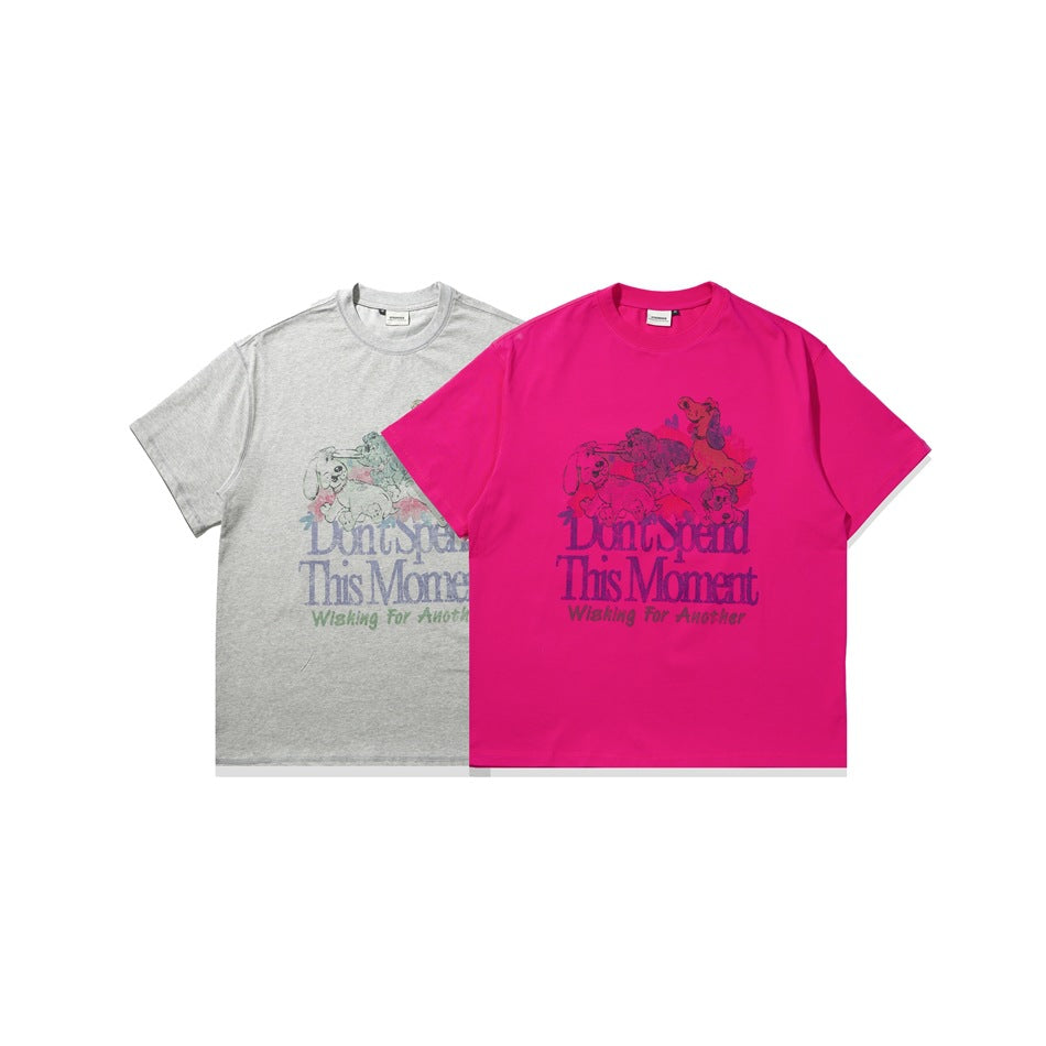 Two front-view graphic T-shirts shown together in gray and bright pink.