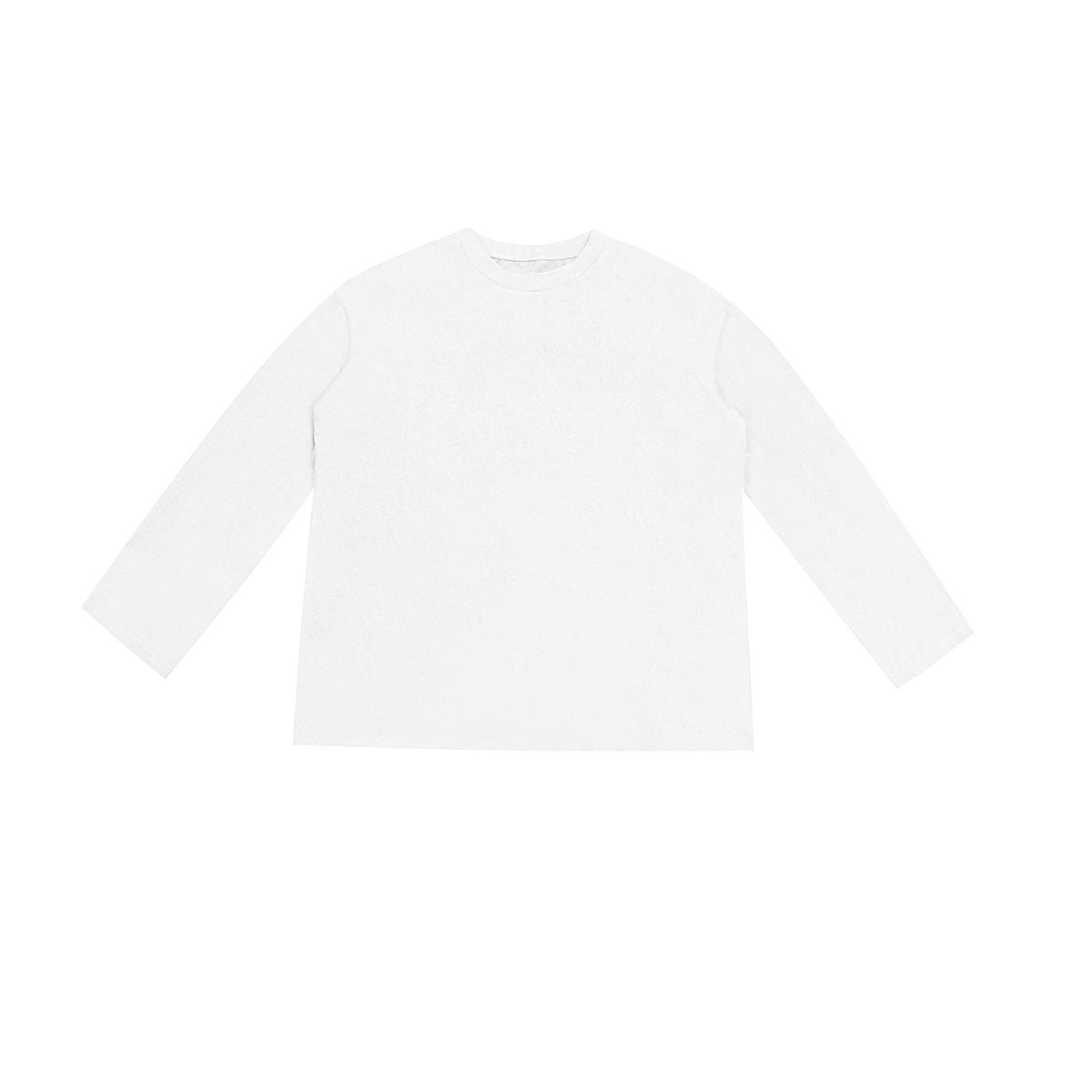 White long-sleeve crew-neck top laid flat, front view with drop shoulders and a plain body