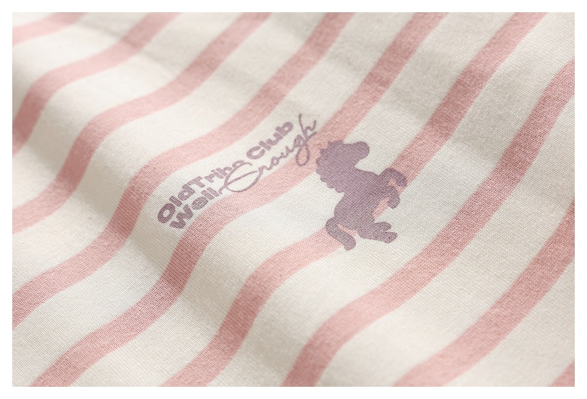 Pink and cream striped fabric with a small purple English text and silhouette print.