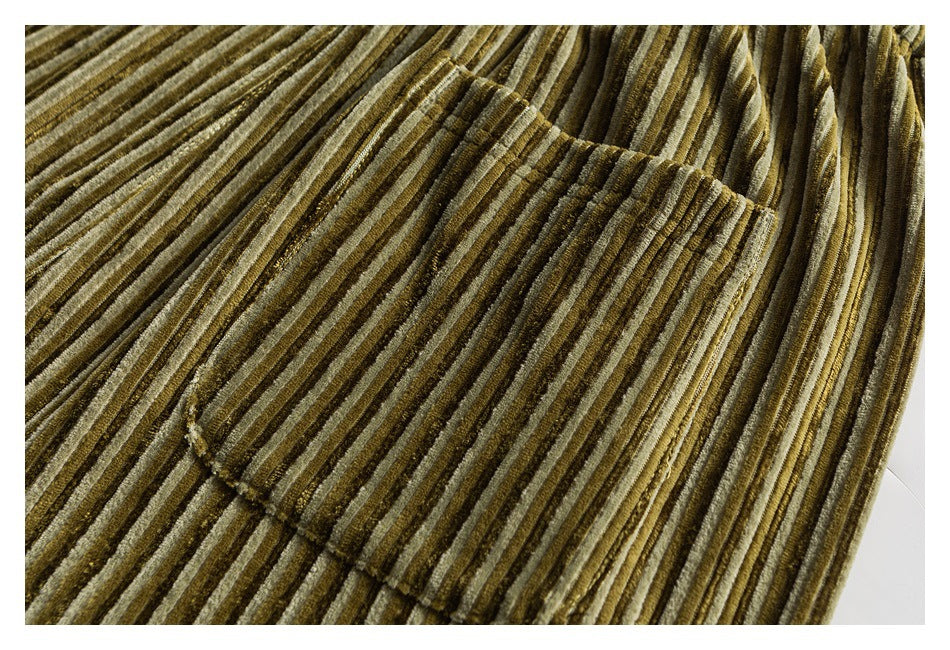 Close-up of a stitched pocket on olive and tan striped corduroy pants.