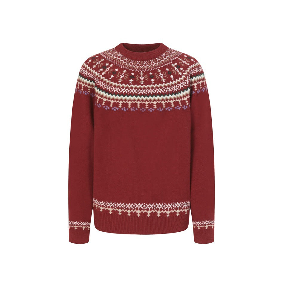 Burgundy crew-neck knit sweater with Fair Isle patterned yoke, hem and cuffs, front view on white background