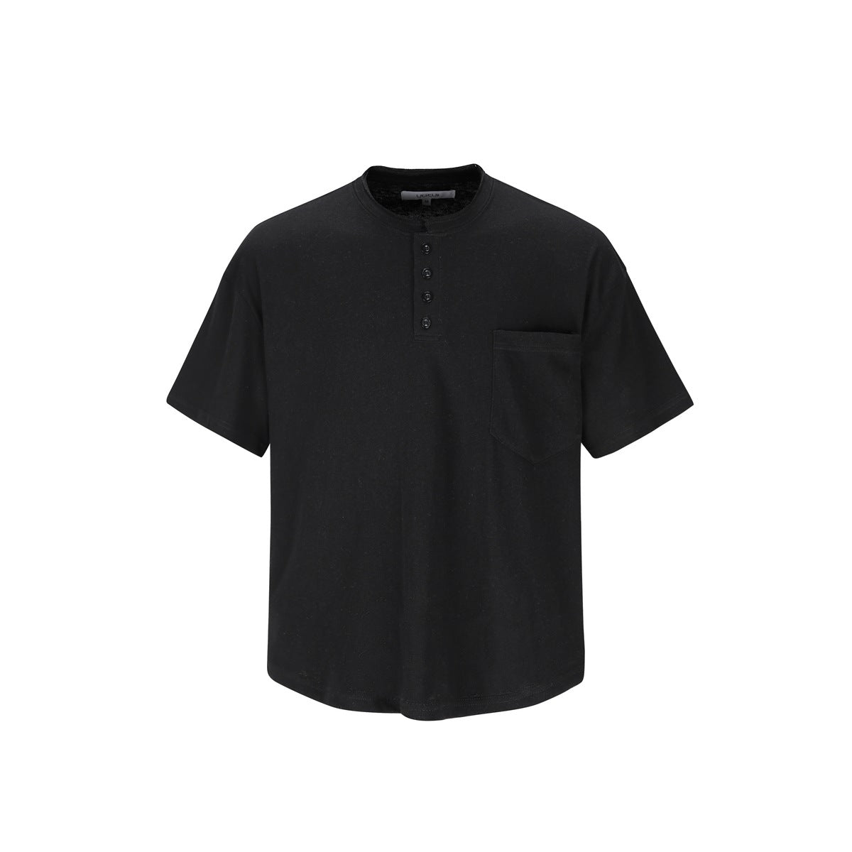 Black short-sleeve Henley tee with band collar, four buttons and chest pocket, flat front view