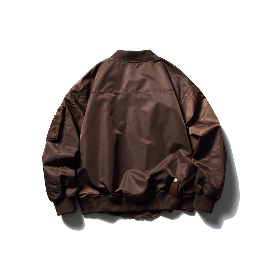 Back view of a dark brown bomber jacket with ribbed collar, cuffs, and hem.