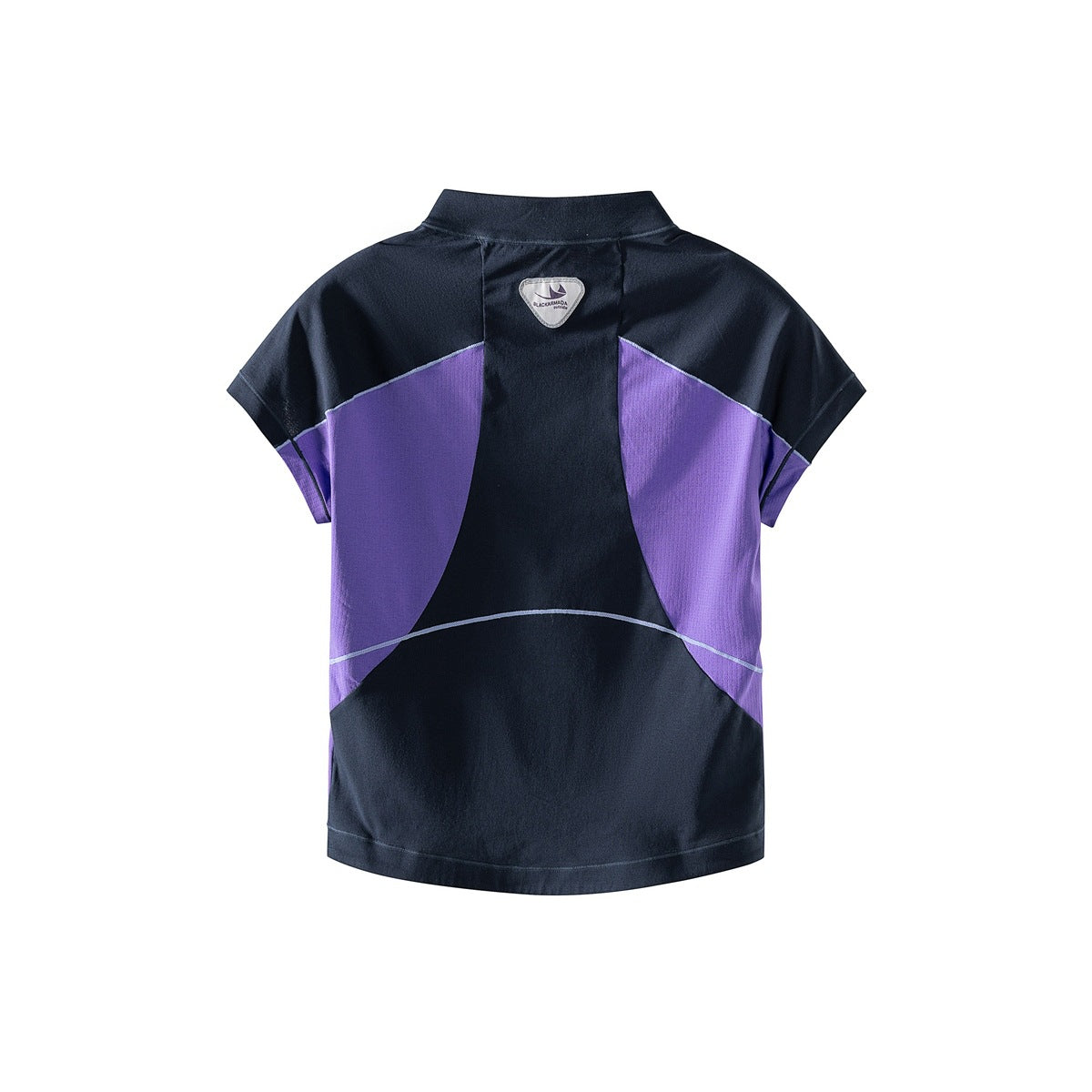 Back view of a short-sleeve high-collar top in navy with purple panels and light contrast piping.